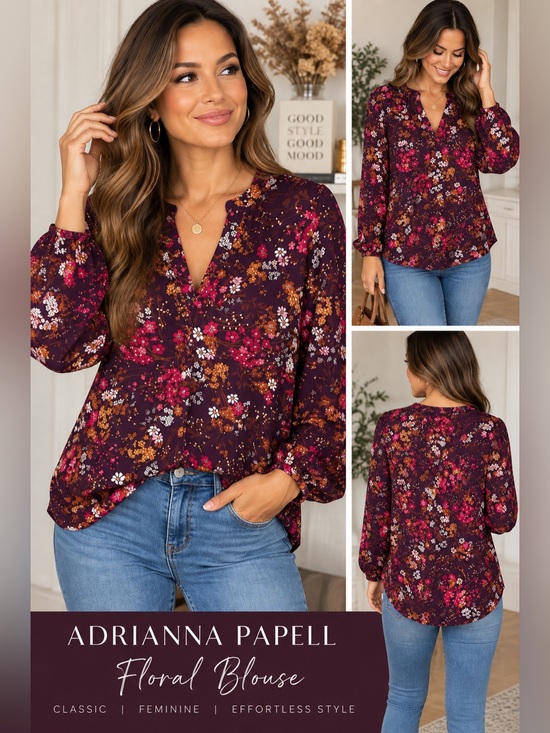 Adrianna Papell Tops - Adrianna Papell Deep Purple Floral Blouse XL Long Sleeve